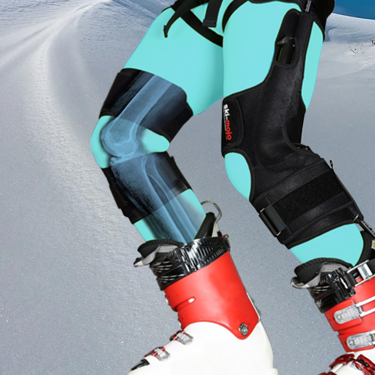 Illustration of the Ski-Mojo's knee support and spring mechanism over an x-ray of the knee joint